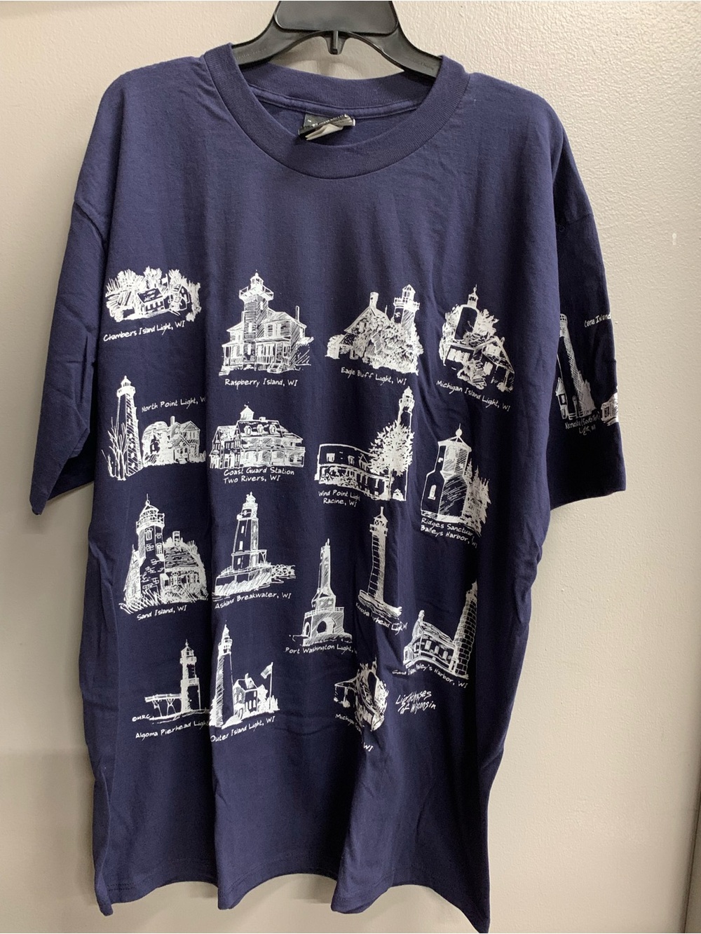Michigan rag navy tshirt With Wisconsin lighthouses Xlarge cotton